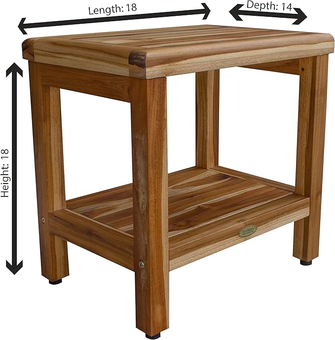 EcoDecors Eleganto 18 Inch Natural Color Waterproof Teak Wood Shower Bench Stool Seat Chair For Inside Shower Provides Safety, Storage, and Organization For Bathroom Accessories