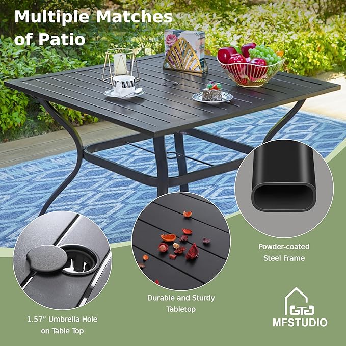MFSTUDIO 5 Piece Metal Patio Dining Set, Outdoor Furniture Set with 4 Swivel Chairs Chairs and 37" Square Dining Table - Umbrella Hole 1.57"