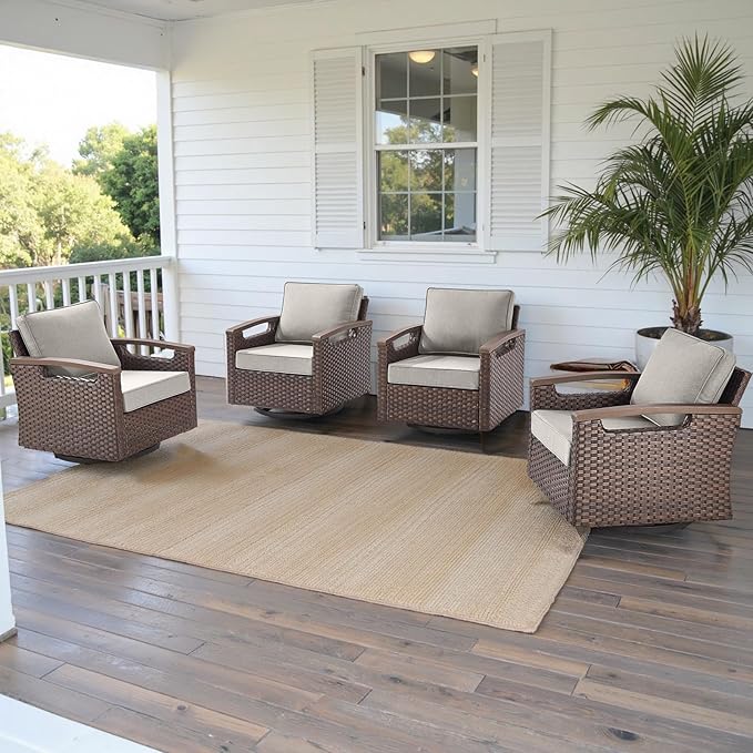 Rilyson 4 Piece Outdoor Patio Swivel Rocking Chairs, All Weather Wicker, Metal Armrest, Deep Seating, Thick Comfortable Cushions, Ideal for Deck Porch Backyard, Brown/Beige