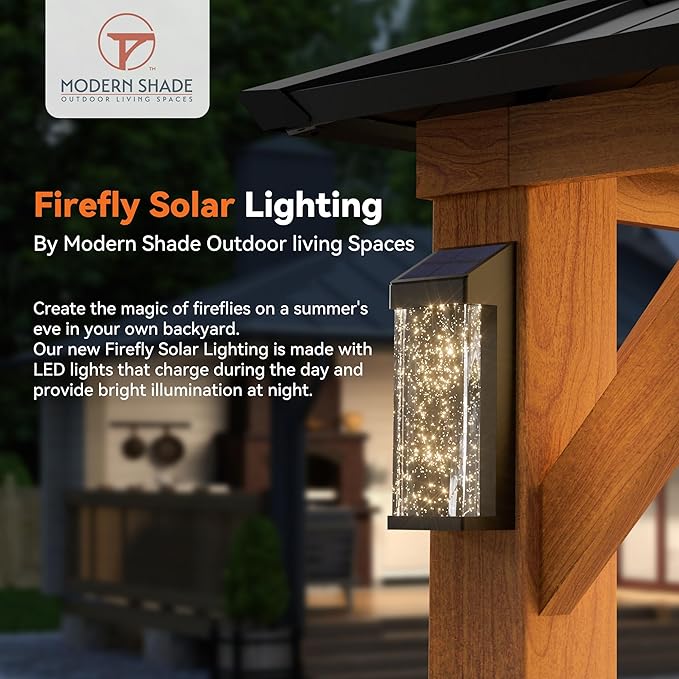 Modern Shade The Horizon Hardtop Gazebo 10' x 14' with 4 LED Lights, Permanent Outdoor Gazebo with Galvanized Steel Double Roof, Grill Pavilion with Decor Hooks, Mosquito Nettings, Wood Grain