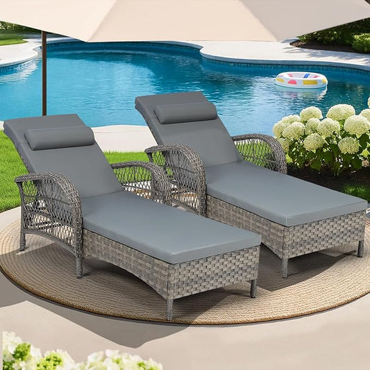 MEETWARM Outdoor Wicker Chaise Lounge Chair Set of 2, 77" Long All Weather PE Rattan Patio Lounge Chair, 6 Position Adjustable Pool Reclining Sunbathing Chair for Outside, Armrest & Head Pillow, Gray