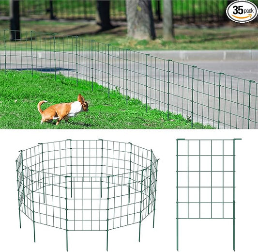 OUSHENG 35ft Green Garden Fence for Dog Pet, Easy Assembly Decorative Fencing Rustproof Metal Wire Panel Border Animal Barrier for Outside, Small Edging for Yard Lawn Outdoor Decor, Grids
