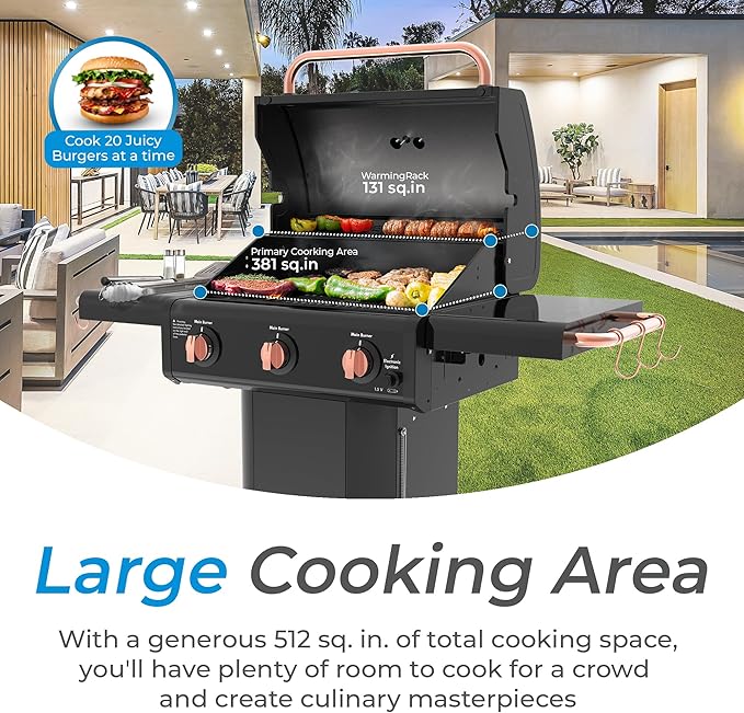 Kenmore 3-Burner Propane BBQ Grill, 30,000 BTUs Gas Grill with Cast Iron Cooking Grates, Folding Side Tables & Wheels, Outdoor Grill with Tool Hooks, Black/Copper + Bonus Cover