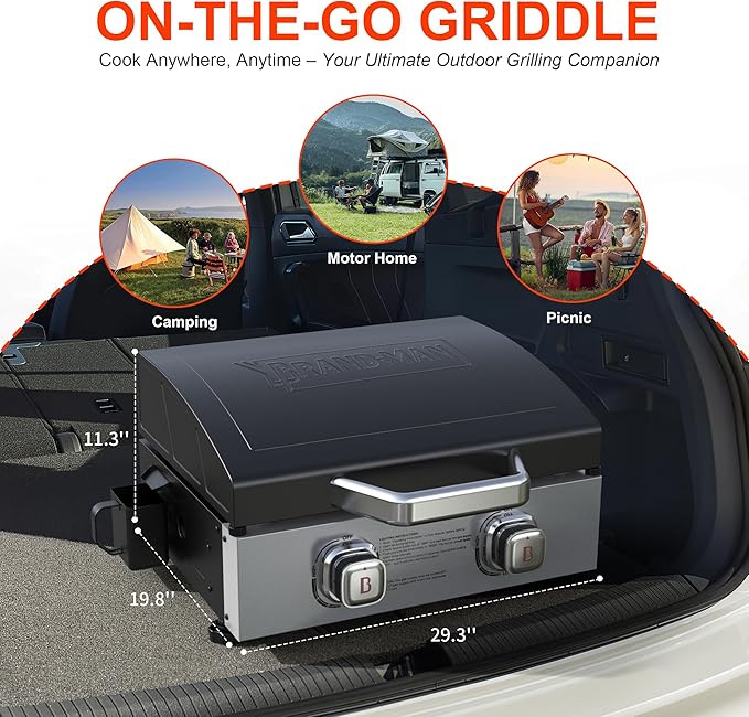 Brand-Man 2 Burner Portable Propane Griddle with Hood, 18,000 BTU Tabletop Flat Top Gas Grill with Warming Rack & Regulator for Outdoor Cooking, Camping BBQ, Tailgating Picnicking