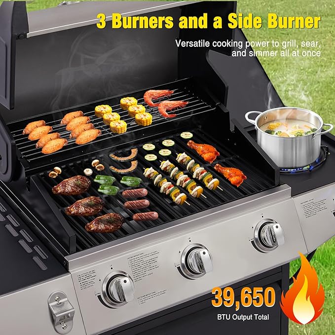 Unovivy 3-Burner Propane Gas Grill with Side Burner, Portable BBQ Grills with Oil Tray and Built-in Thermometer for Outdoor Barbecue, Camping, Patio, Backyard, 39,650 BTU