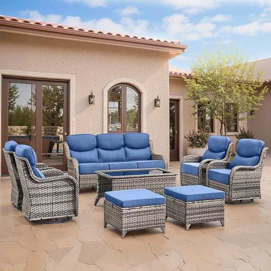 Swivel Patio Chairs sofa Set of 8 with 6" Thick Cushion - Wicker Outdoor Swivel Rocker Patio Chair ,Sofa/Glass coffee table, High Back Comfortable Outdoor Glider Chairs - Gery Wicker | Blue Cushions