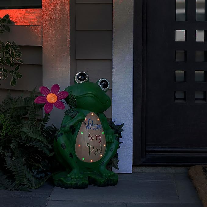 Alpine Corporation 18" Tall Outdoor Frog with Color Changing LED Lights and Welcome Sign Yard Statue