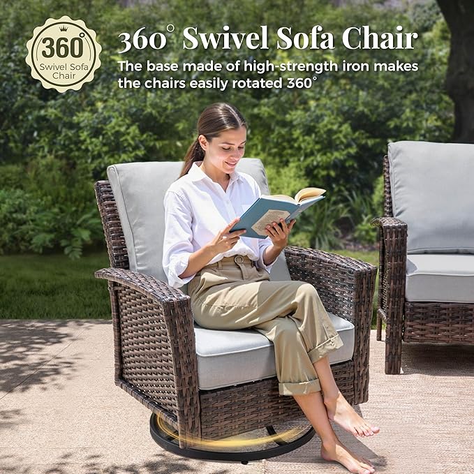 5-Piece Wicker Patio Furniture Set with Swivel Chairs, High Back Outdoor Furniture with 5.5-inch Thick Cushion and Ottoman, All-Weather Wicker Patio Conversation Set for Deck Yard Pool, Grey