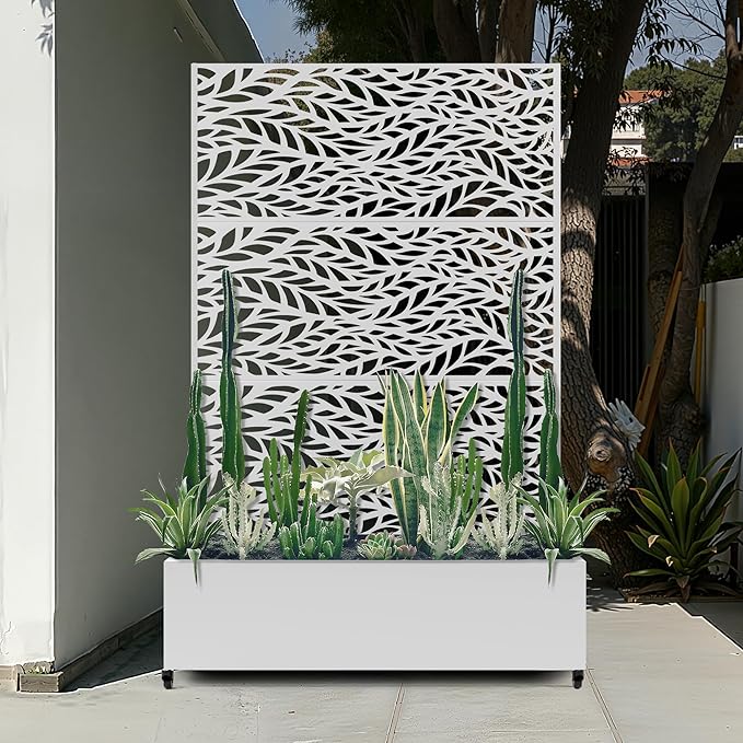 Metal Planter Box with Trellis & Wheels for Outdoor Plants, Large Raised Garden Beds with Drainage Holes, Privacy Planters Box with Trellis for Plants Vegetables, (47" L, White Spring)