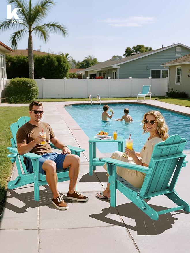KINGYES Adjustable Folding Adirondack Chair Set of 2, 3-Position Reclining Adirondack Chairs with Cup Holder, HDPE All-Weather Oversized Adirondack for Outdoor, Patio, Deck, Fire Pit, Aruba Blue