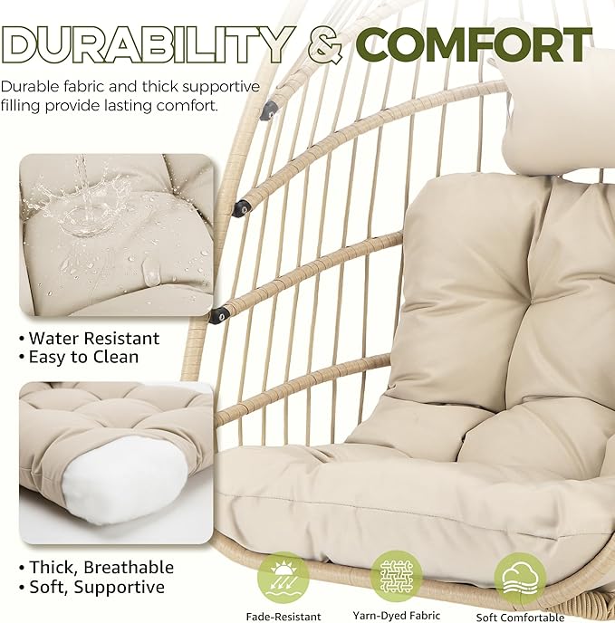 RADIATA Royal Craft Hanging Egg Chair with Stand, All-Weather Wicker Swing Chair with Dome Design and Cushion, 350Lbs Indoor Outdoor Hammock Basket Seat for Bedroom Balcony Patio Porch, Beige