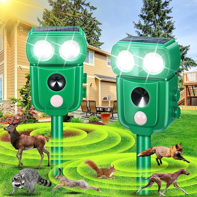 2 Pack Solar Animal Repeller Ultrasonic Deer Repellent Devices Cat Repellent Outdoor to Keep Cats Away Squirrel Skunk Dog Raccoon Coyote Fox Deterrent with Motion Sensor & Light for Farm Garden Yard