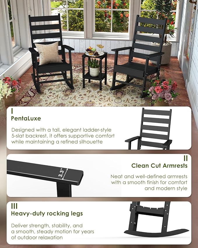 GREENVINES Outdoor-Rocking-Chairs-Set-of-4 | HDPE Plastic | Patio Rockers | Porch Rocker Chair | Shaker | Oversized | High Ladder Back | Big & Tall | PentaLuxe | Black