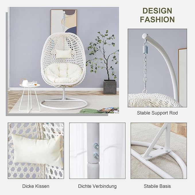 Hanging Egg Chair with Stand, Egg Swing Chair with Stand Indoor Outdoor, White Wicker Swing Egg Chair for Adults, Hammock Chair with Comfortable Cushion and Stable Round Metal Base for Bedroom Patio
