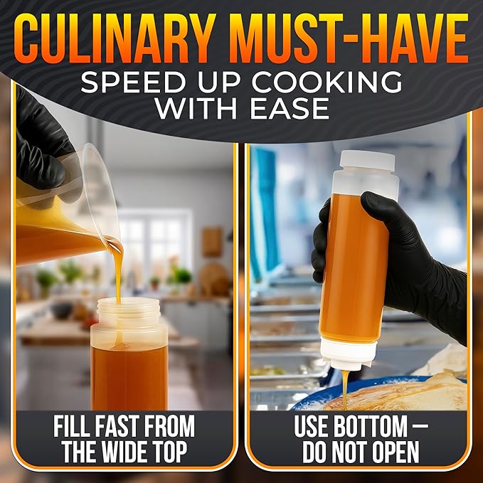 Set of 6 Condiment Squeeze Bottles for Sauces 16 oz – Easy-to-Fill Clear Bottles with Self-Closing Valve | Ready for Dressings, Ketchup, Mustard, Honey Jars & More, Durable, Reusable, Mess-Free Design