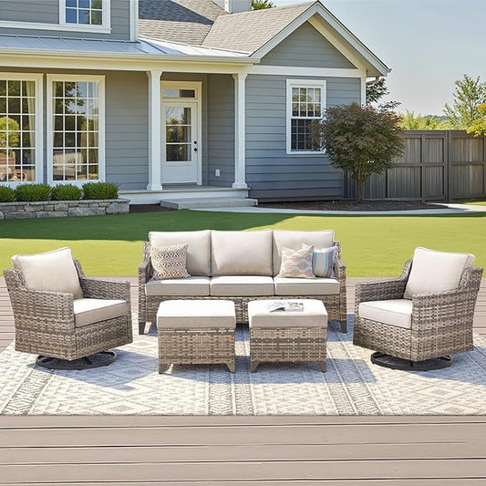 Outdoor Patio Furniture Set-5 Pieces All-Weather Wicker Outdoor Furniture with Swivel Patio Chairs Outdoor Patio Conversation Sets for Garden Porch Deck Grey/Beige