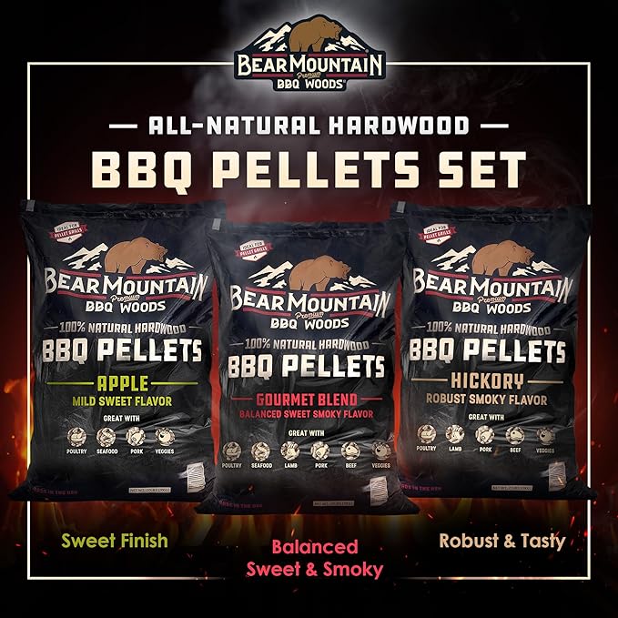 Bear Mountain 3-Pack Wood Pellets for Smoker, Grill & BBQ, 20 Lb, Apple, Hickory & Gourmet - Premium Hardwood Barbecue Pellets for Indoor and Outdoor Grilling