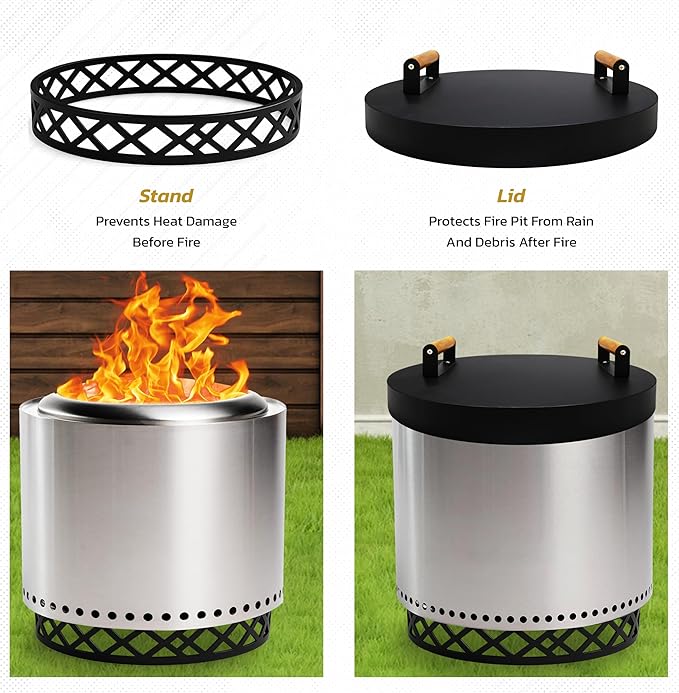 FEBTECH - Smokeless Fire Pit Accessories Combo – 17" Carbon Steel Base, 20" Lid with 2 Wooden Handles – Bonfire Fireplace Tools for Camping, Patio, Backyard - Solo Stove Accessories