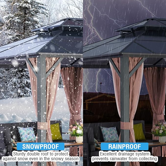 LeDoasis Nebula 12'x20' Outdoor Hardtop Gazebo, Permanent Aluminum Patio Gazebo, Polycarbonate Double Roof Canopy, Breathable Netting & Privacy Curtain Included，for Patio Lawn and Garden,Parties