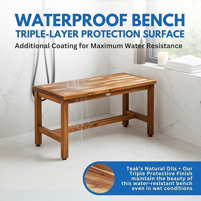 EcoDecors Eleganto 47 Inch Natural Color Waterproof Teak Wood Shower Bench Stool Seat Chair for Inside Shower Provides Safety, Storage, and Organization for Bathroom Accessories
