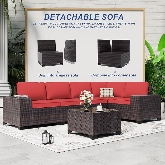 Outdoor Patio Furniture Set with Gas Fire Pit Table, 7 Pieces Patio Furniture Set Outdoor Sectional Sofa w/43in Propane Fire Pit, PE Wicker Rattan Patio Conversation Sets