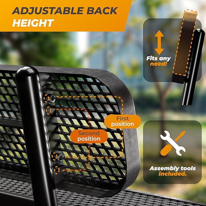 Heavy-Duty Outdoor Metal Bench, Thermoplastic-Coated, Portable, Weatherproof, Commercial-Grade for Parks, Gardens, Patios, Stores & More (6 Ft - Portable with Back, Black)