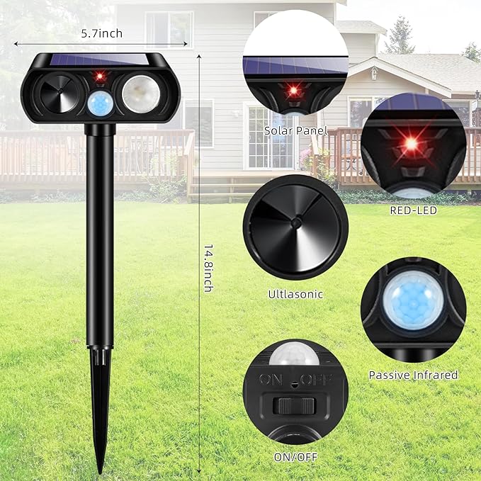 2025 Solar Ultrasonic Racoon Fortress Pro, Deer Cat Repellent Devices Animal Repeller Squirrel Rabbit Deterrent Outdoor with Motion Sensor&Flash Light to Scare Dog Skunk Out of Garden Farm Yard(4Pack)