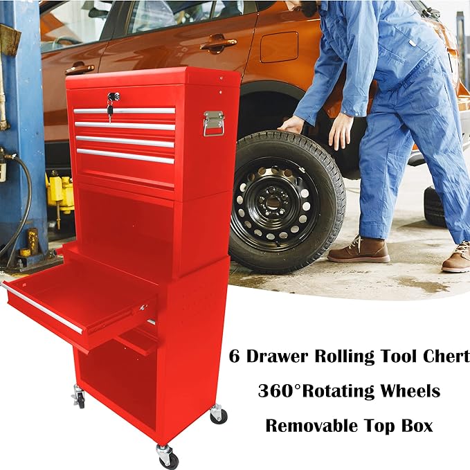 6 Drawers Rolling Tool Box Organizer,2 Tier High Capacity Tool Chest with Wheels,Lockable Rolling Tool Chest with 2 Cabinet,Detachable Tool Box Workshop Storage Cabinet (2 Tier-6 Drawers(Red))