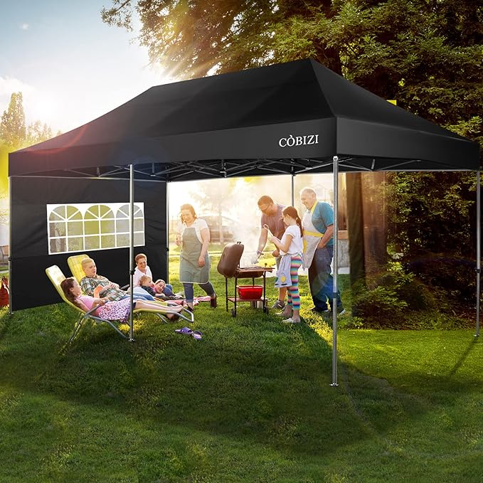 COBIZI 10x20 Heavy Duty Pop up Canopy with 6 Sidewalls, Easy Set-up Commercial Outdoor Party Tent, 100% Waterproof Tent for Parties Weddings Events, Gazebo with Wheeled Bag, Black