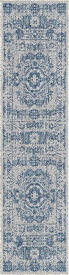 Unique Loom Outdoor Traditional Collection Area Rug - Timeworn (2' x 8' Runner, Blue/ Gray)