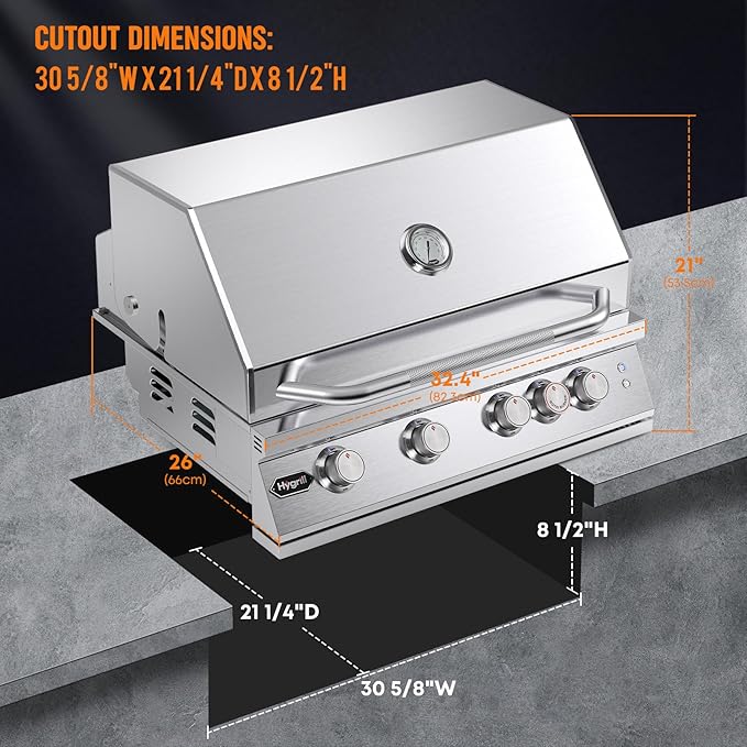 Hygrill Premium XTR 32-Inch Built In Grill, Stainless Steel 4-Burner Grill Head for Outdoor Kitchen with Rear Infrared Burner and LED Lights, Liquid Propane