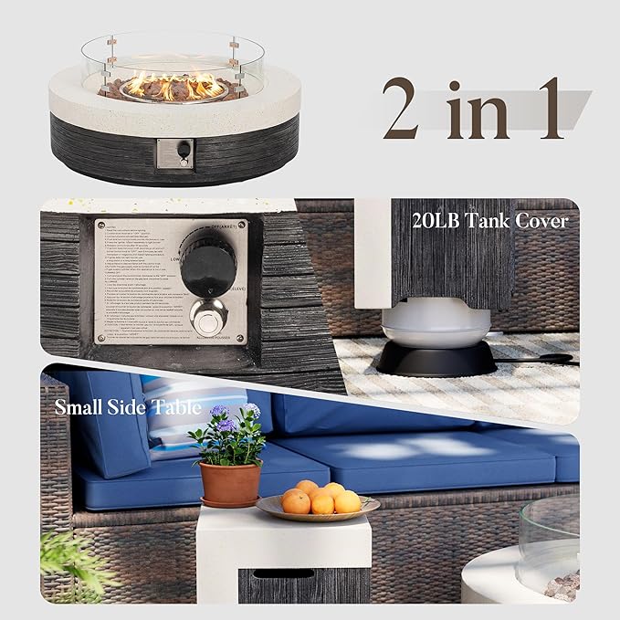 COSIEST 42" Outdoor Propane Fire Pit Table w Tank Cover & Wind Guard, Round Gas Fire Pit Table with Concrete & Wood Grain Design, 50000BTU Fire Tables for Patio, Backyard, Garden