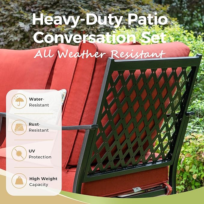 Patio Chairs Set of 2, High Back Outdoor Patio Metal Leg Chairs with 5.75" Thick Cushions for Bistro Balcony Porch Deck and Yard, Red