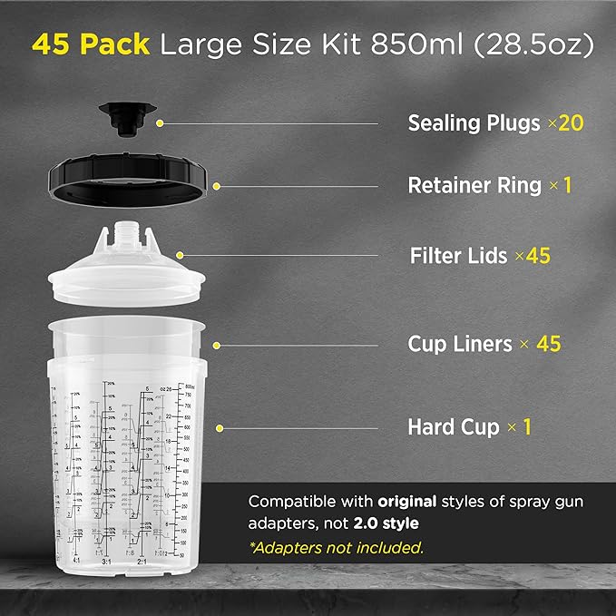 InoKraft Disposable Paint Spray Gun Cup, Paint System for HVLP and LVLP Paint Spray Paint Gun, Large 28 Ounce (800ml) Kit with 45 Cups and Lids System, 1 Hard Cup with Retainer Ring and 20 Plugs