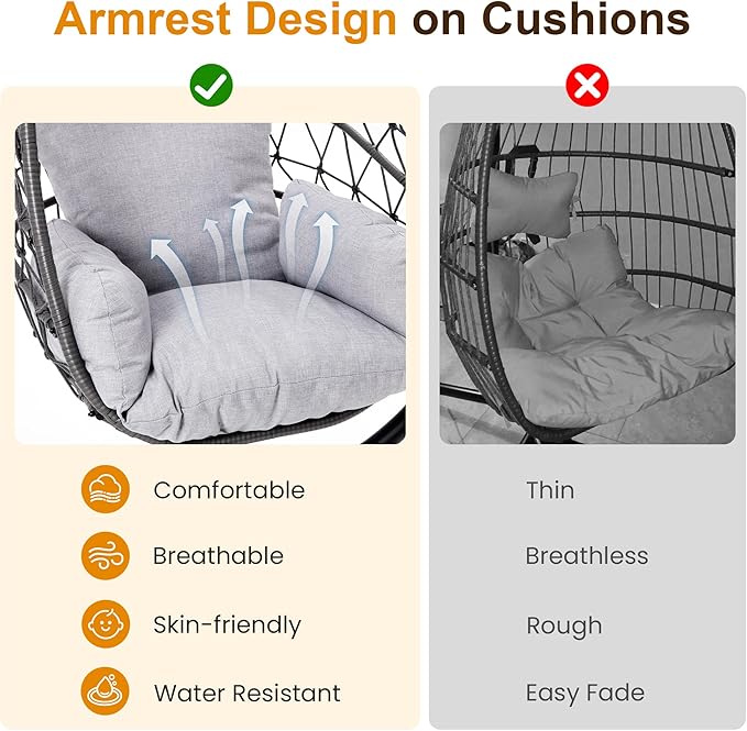 Hanging Egg Chair, Swing Chair with Stand, Hammock Chair Indoor, Patio Boho Wicker 350lbs Capacity, Swing Chair for Bedroom Garden, Balcony, Black & Gray