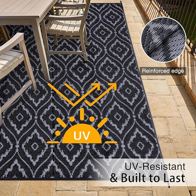 OLANLY Outdoor Rug 8x10 ft Waterproof, Outdoor Plastic Straw Rug with Geometric Pattern Clearance, Reversible RV Mat for Patio, Camping, Balcony, Deck, Backyard, Black & Grey