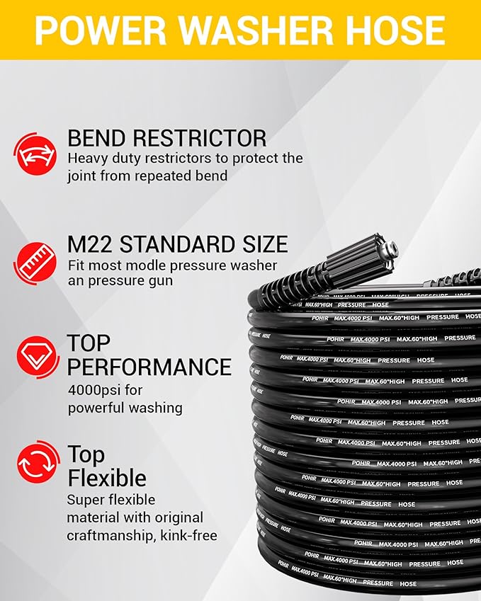 POHIR 100ft Pressue Washer Hose 4000 PSI, High Power Washing Hose, Replacement Hose with M22 Extension Adapter and 4pcs M22 14mm to 3/8 Quick Connect