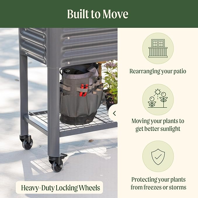 Rolling Elevated Raised Garden Bed - Slim Series, 1.5' x 3.5' Outdoor Planters Boxes with Legs & Storage Rack for Patio, 500 Lbs Weight Capacity, Raised Beds for Gardening Herbs Flowers, Pearl White