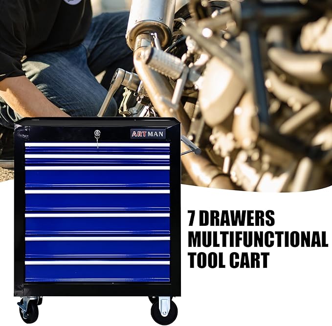 7 Drawers Tool Cart on Wheels,Multifunctional Rolling Tool Chest Tool Storage,Drawers Rolling Tool Trolley Organizer Tool Case for Garage, Warehouse, Workshop, Repair Shop (Black+Blue)