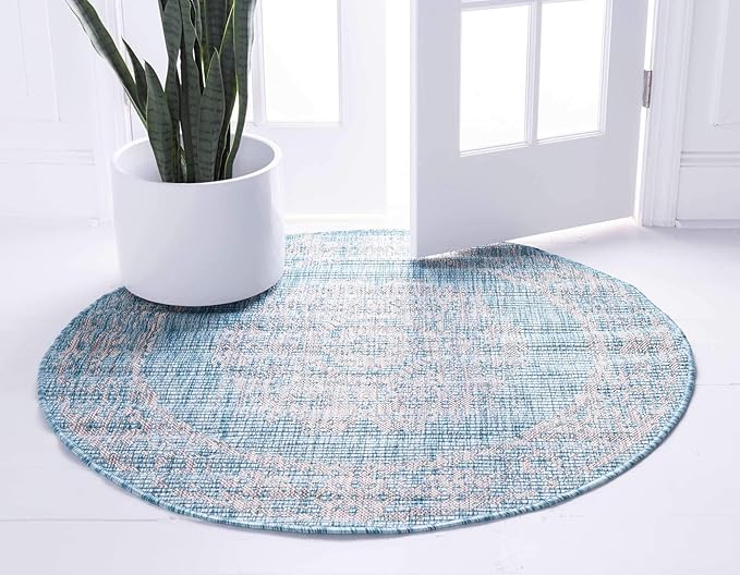 Unique Loom Outdoor Traditional Collection Area Rug - Timeworn (4' 1" Round, Light Aqua/ Gray)