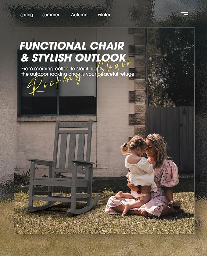 KINGYES Outdoor Rocking Chair Set of 2, All-Weather Patio Rocking Chairs for Porch, HDPE Rocking Outdoor Chairs with High Back for Adult, Heavy Duty Outdoor Patio Rockers for Garden, Lawn, Gray