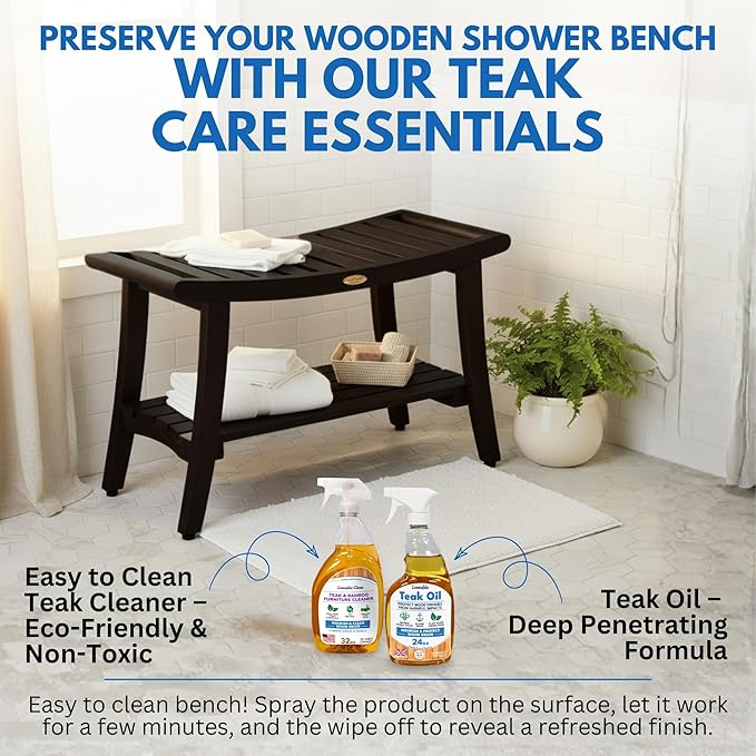 DecoTeak Harmony 30 Inch Brown Waterproof Teak Wood Shower Bench | Provides Safety, Storage, and Organization for Bathroom Accessories