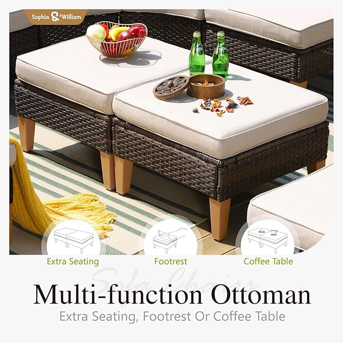 Sophia & William Patio Furniture Set with Fire Pit Table, 8 Piece Half Moon Outdoor Wicker Sectional Sofa Set, Rattan Conversation Set with 56-Inch Fire Pit Table & Ottoman (Beige)