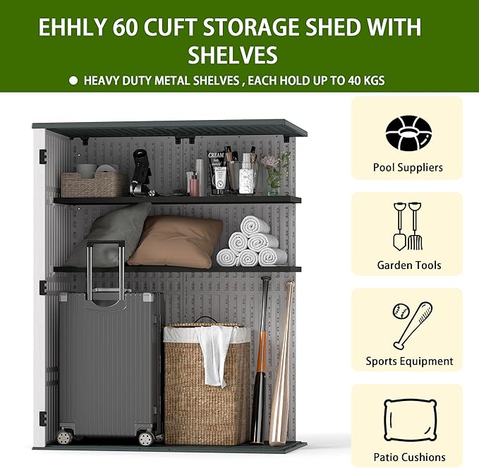 Vertical Resin Storage Shed with 2 Shelves, 60 Cuft Garden Tool Sheds & Outdoor Storage, Plastic Outdoor Storage Cabinet Waterproof, 4.5 x 2.3 ft Backyard Outside Lawn Mower Storage Shed, White