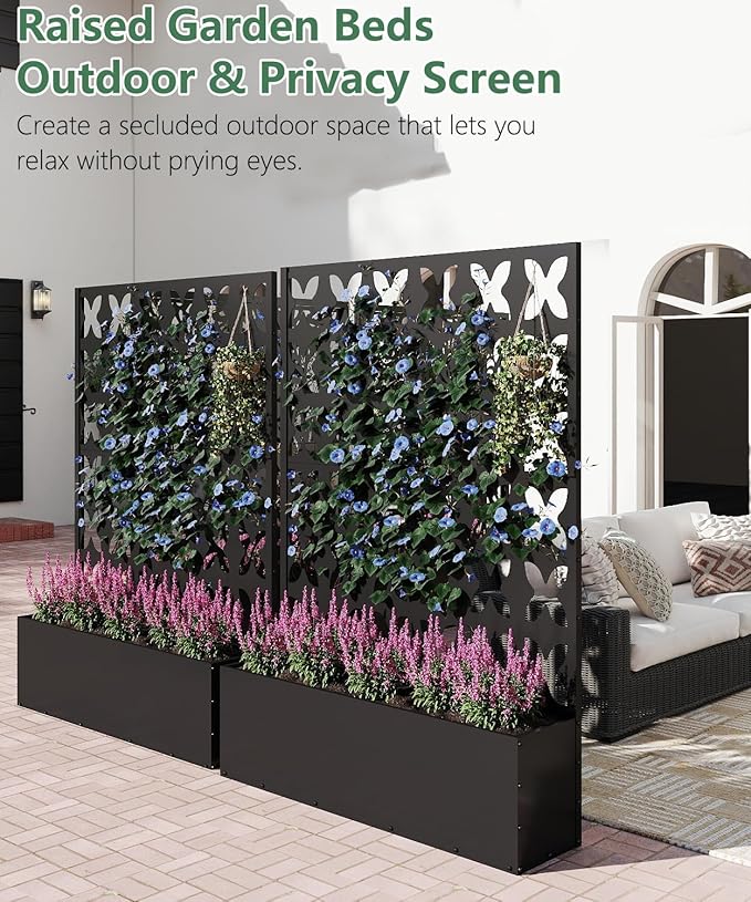 2PCS Metal Planter Box with Trellis,70.9"x47.2"x15.7" Raised Garden Bed with Drainage Holes, Privacy Planters for Outdoor Garden Bed for Climbing Plants,Vegetables,and Vines, Black-X