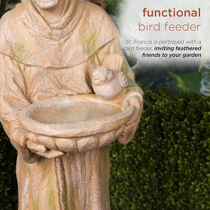 Alpine Corporation QFC107-201 Old World St. Francis Statue with Bird Feeder and Mossy Finish, 45" H, Tan and Green