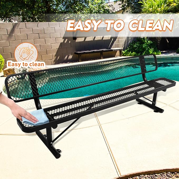 8FT Heavy Duty Park Bench with Back Portable Frame, Outdoor Metal Park Bench with Backrest, Steel Mesh Outdoor Bench for Garden, Lawn, Patio, Porch, Park, Yard (BLACK, 94.1" D x 23.2" W x 32.5" H)