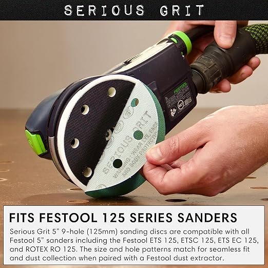 Serious Grit - 5-Inch 9-Hole Sanding Discs Assortment - 80, 120, 150, 180, 220 Grit (10 of Each) - Heavy-Duty Hook & Loop Film Discs - Sandpaper for Random Orbital Sanders - 50 Pack Box