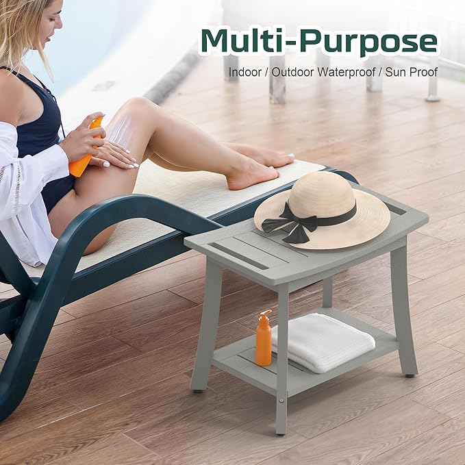 HIPS Shower Benches for Inside Shower, Waterproof Shower Stool with Storage Shelf & Adjustable Feet, SPA Bathroom Seat Chair for Shaving Legs, Indoor or Outdoor Use, Grey