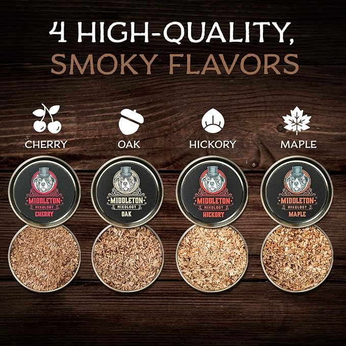 SmokeTop 4 Pack of Wood Chips - Cocktail Smoker Chips for Old Fashioned Cocktails, Whiskey, & Bourbon - Made in The USA (Cherry, Hickory, Maple, Oak)